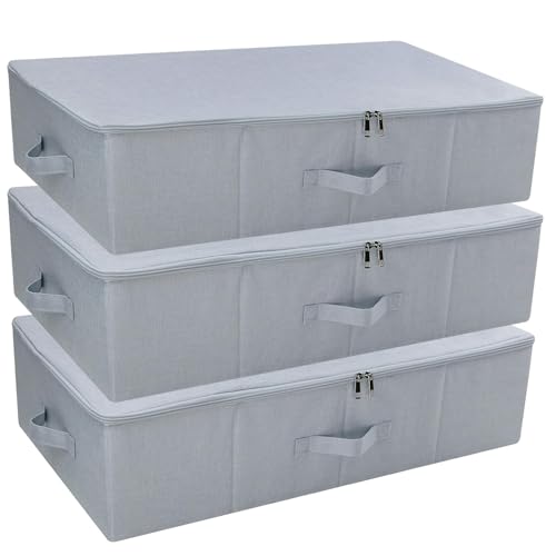 iwill CREATE PRO Pack of 3, Folding Under Bed Storage Bins for Clothes, Shoes Organiser Box, Space Saving Organiser Bins, Light Gray