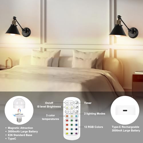 Image of TRLIFE Rechargeable Battery Operated Wall Sconce, Dimmable and Adjustable Color Temperature Wireless Wall Sconces Set of 2 with Remote Control, Swing Arm Wall Mounted Light for Bedroom Bedside Hallway