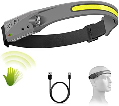 Pluralla LED Headlamp, Rechargeable Headlamps with 230°Wide Beam Headlight with Motion Sensor Bright 5 Modes Lightweight Sweat Proof Head Flashlight for Outdoor Running, Camping, Fishing, Hiking-Grey