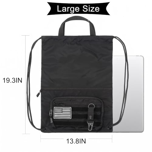 Image of seyfocnia Drawstring Backpack Tactical String Bag with Zipper Pockets Waterproof Cinch Bag Sport Gym Sackpack - Black