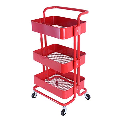 3-Tier Metal Mesh Utility Rolling Cart with Removable Handle and Plug, Indoor or Outdoor Storage Organizer Cart, Red