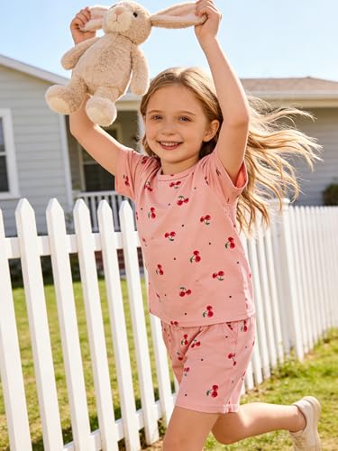 Image of KIDLAGA Girls Two Piece Sets Cherry Pattern Short Sleeve Shirts and Shorts Set With Pockets Girls Summer Outfits Size 7-14