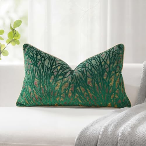 PANOD Decorative Modern Long Lumbar Pillow Cover 14 x 20, Boho Long Pillow for Bed,Soft Velvet Twigs Textured Coastal Neutral Long Rectangle Pillow Cover for Sofa Couch Farmhouse Livingroom, Green