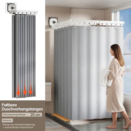 Faltbare Duschvorhangstange mit Saugnapf Und Duschvorhang(1.8x2M), 4-Wege Faltbar, Ohne Bohren Wandmontage Eckvorhangstangen mit Vorhangringen, Duschvorhangstange für Badezimmer, Weiß