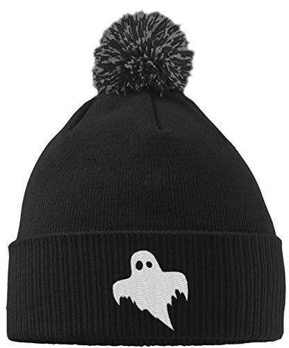 Image of Hippowarehouse Scary Ghost Logo Embroidered Beanie Hat with Bobble Black