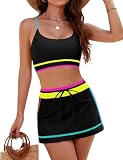Blooming Jelly Women's High Waisted Bikini Sets Sporty Two Piece Bathing Suits Color Block Swim Skirt(Medium,Multicolor Black)