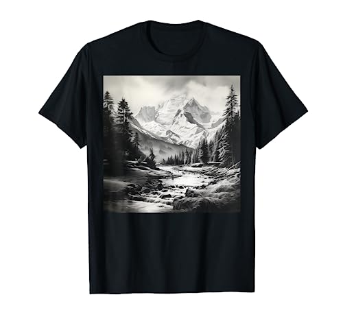 Carbón Dibujo Paisaje Americano Con Montañas Camiseta