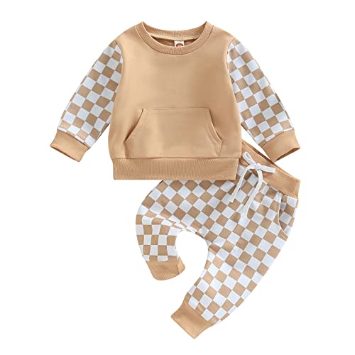 Image of AEEMCEM Toddler Baby Boy Girl Fall Winter Clothes Checkerboard Plaid Hoodie Sweatshirt Tops Elastic Waist Pants Set