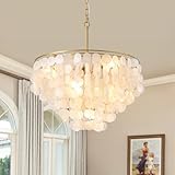 NOXARTE Capiz Shell Chandelier, 7 Lights Round Coastal Chandeliers, Pendant Lighting Fixtures with Seashell Shade, Gold Shell Chandelier Light for Bedroom Living Room Dining Room(24 inch)