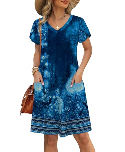 Image of OFEEFAN Womens Summer Dresses 2026 Tulip Petal Short Sleeve V Neck Loose Swing Sundresses with Pockets Plain /Print