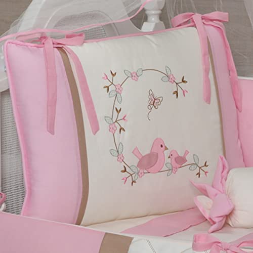 Kit Berço Menina Pássaros Rosa Palha Pingo de Gente 9 Peças