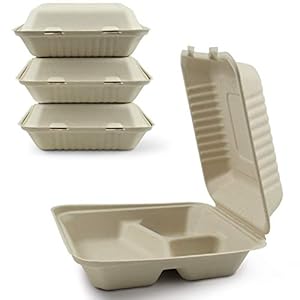 Green Earth, 9-inch, 50-Count, 3-Compartment, Compostable Clamshell, BAM ware (Bamboo Fiber), Take-Out/to-Go Food Boxes – Biodegradable Containers, Hinged Lid – Microwave-Safe – Gluten-Free