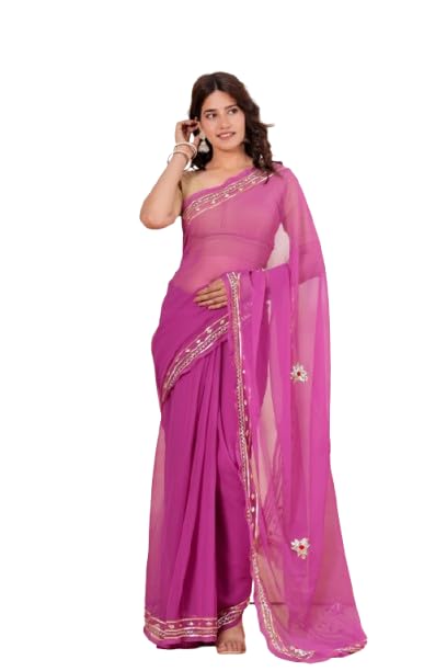 Womens Chiffon Saree with Gota Patti Border and Floral Embroidery | Lightweight Ethnic Saree for Women | Festive and Designer Saree (Purple) | Free Size-image-15