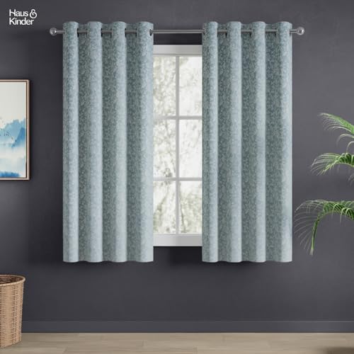 Image of haus & kinder Jacquard Window Curtains 5 Feet Long Pack of 2 Window Curtains, 5 Feet Curtains for Window (Glittering Fern, Aqua Floral Nature Design 130x152 CM)