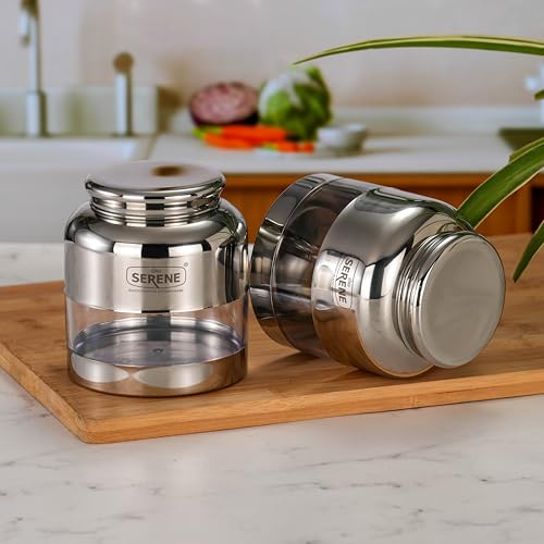 Image of Serene Stainless Steel Exotic See-Through Jar | Airtight Jars for Kitchen Storage | Premium Steel Jars with One Turn Lock Lid | Transparent Stainless Steel Containers | 650ML | 2 PC