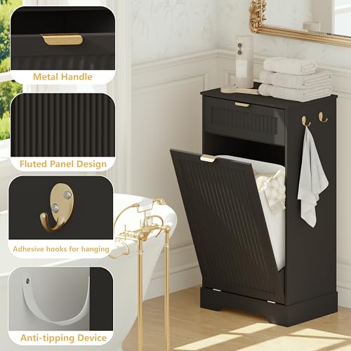 Image of Single 13 Gallon Tilt Out Trash Can Cabinet,Garbage Cabinet with Drawer | Hidden Garbage Storage with Fluted Design, Drawer & Hooks for Kitchen, Dining Room and Small Space Organization,Black