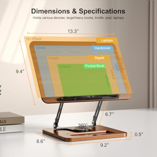 Image of OPTIXCELL Book Stand for Reading, 360 Rotating Hands Free Book Holder, Adjustable Height and Angle, Page Clip for Cookbook, Recipe, Magazine, Laptop,Tablet, Foldable for Kitchen, Office, School