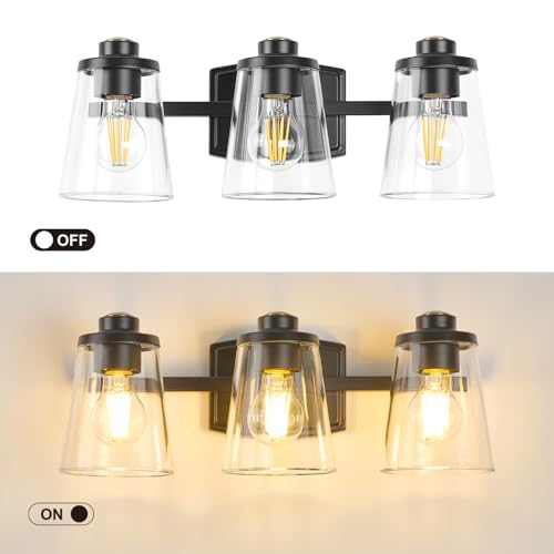 Image of 3-Light Bathroom Vanity Light Fixtures, 18 Inch Black Vanity Light | Thick Clear Glass, Bathroom Wall Lamp for Mirror, Rust-Proof, Reversible Up /Down Mount, ETL Certified, E26 Ceramic Sockets
