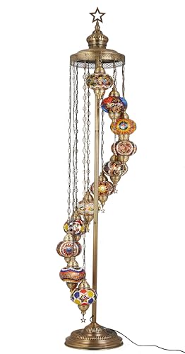 DEMMEX 11 Globe Turkish Moroccan Mosaic Floor Lamp – 210 cm Tall Tiffany Style Standing Boho Lamp for Living Room, Bedroom & Entryway – Handmade in Turkey, Multicolor