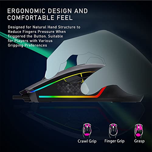 Image of AULA F805 Wired Gaming Mouse, Rainbow Backlight, DPI Range 800-1600-2400-3200-4800-6400, Polling Rate 125Hz, Compatible with WinXP /2000 /7 /8 /10 /Mac | Black