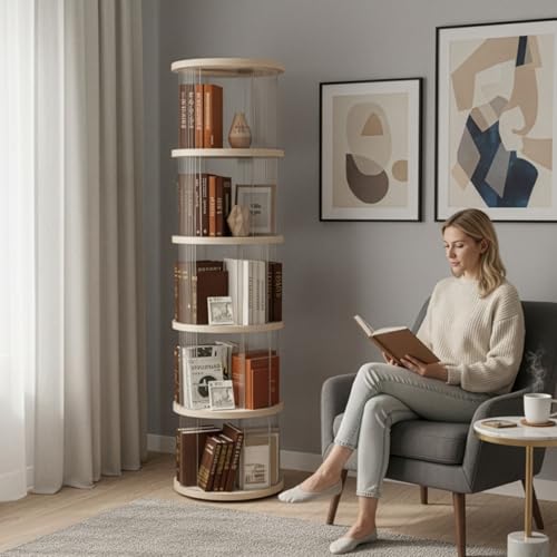 GreenWhim Rotating Bookshelf 360 Tower Bookcase Round 5 Tier Modular Book Shelf Space Saving Corner Bookcase for Small Spaces Living Room Bedroom Kids Room Home Office