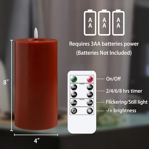 Image of Flameless Flickering 4 inch x8 inch Real Wax Burgundy Remote Candles with Candle Grease, Pack of 2 Timer LED Battery Operated Fake Warm Light Pillar Candles for Home, Banquet, Ceremony Decoration