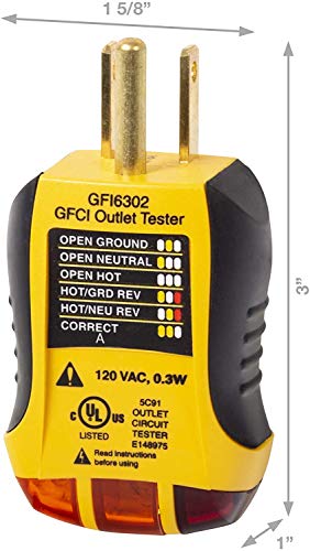 Sperry Instruments GFI6302 GFCI Outlet/Receptacle Tester, Standard 120V AC Outlets, 7 Visual Indication/Wiring Legend, Home & Professional Use, Yellow & Black - New Edition
