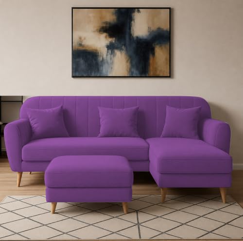 Image of Atticus RHS 4 Seater L Shape Sofa Set with Ottoman for Living Room (Purple Fabric) Premium Fabric Sofa Set