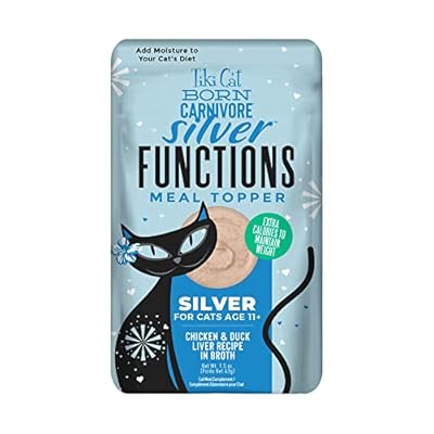 Tiki Cat Born Carnivore Functions Silver, Chicken & Duck Liver Recipe in Broth, High Protein Formulated for Senior Cat Diets, Mousse Cat Food Topper for Older Cats 11, 1.5 oz. Pouch 12 Count