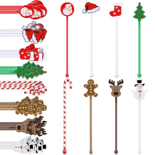 SiliFine 120 Pcs Christmas Plastic Swizzle Sticks Christmas Coffee and Cocktail Stirrers Hot Cocoa Stir Sticks Coffee Bar Decoration Reusable Beverage Drink Stirrers for Xmas Party Favor (Classic)