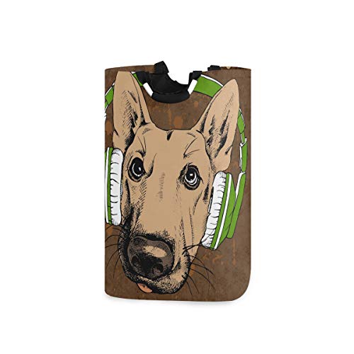 Wäschekorb,Ein Hund Deutscher Schäferhund im grünen Kopfhörer brauner Hintergrund,faltbar,tragbar,platzsparend,Aufbewahrungstasche,schmutzige