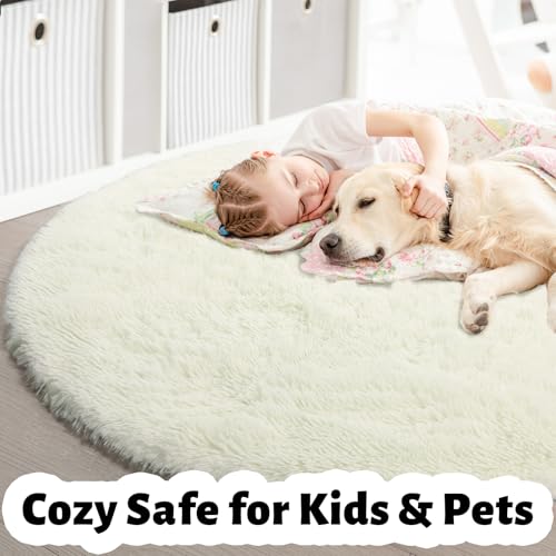 image for Amdrebio Ivory White Round Rug 5Ft for Bedroom Living Room Aesthetic, 