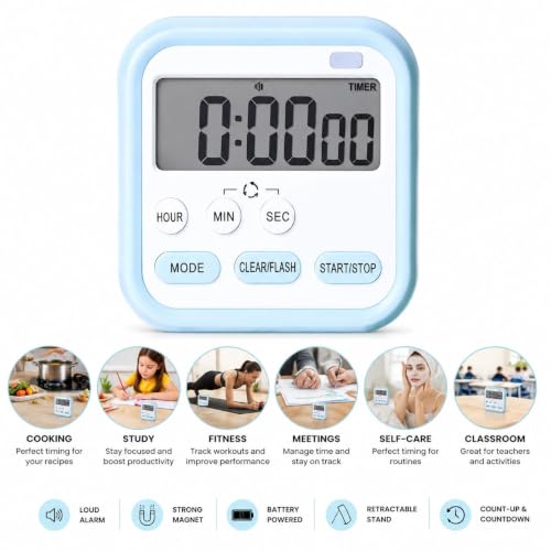 Image of Stopwatch Timer for Study, Kitchen Timer Large LCD Display, 24hr Digital Screen, Magnetic Back, Foldable Stand, Loud Alarm, Hanging Hole, Stopwatch Countdown, Flashing Light, Timer for Sports