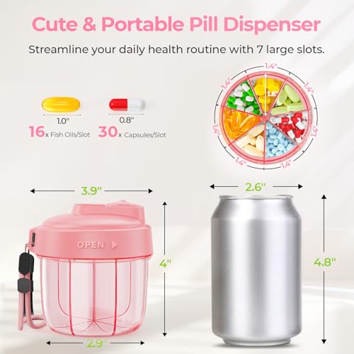 Image of AUVON Portable Pill Dispenser to Store 7 Various Supplements, Travel Pill Organizer Bottle with Anti-Mixing Design, Arthritis-Friendly Pill Container with Wide Opening & Slider Lid, 20 Blank Stickers