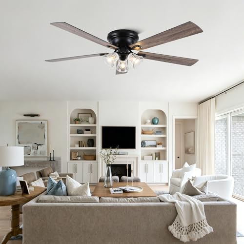 Image of Dawn Whisper 60 Inch Farmhouse Flush Mount Ceiling Fans with 3 Lights Bulbs Base Vintage Low Profile Ceiling Fan for Living Room Bedroom