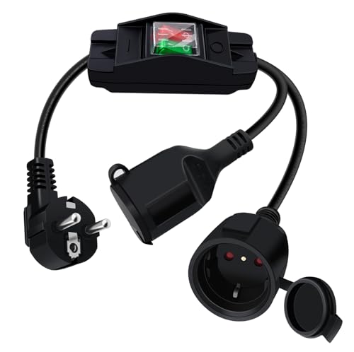 HuaLiSiJi Cable Alargador Schuko con Interruptor 16A 250V Cable Alargador con 2 Enchufes Schuko con Protección de Contactopara Hogar, Oficina, Interior o Exterior (Negro, 1.5m)