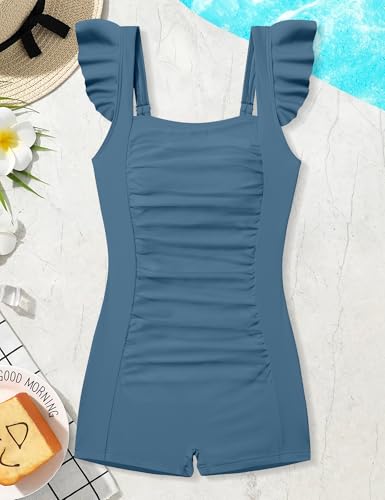 Image of Girls Swimsuit Ruffle Solid One Piece Bathing Suits 7-18 Years | Teen Bathing Suits for Girls Ruched Sleeveless Girls' Swimwear