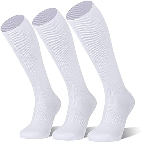 FITRELL 3 Pack Baseball Soccer Softball Socks for Youth Men & Women Over-the-Calf Knee High Socks, White, Medium