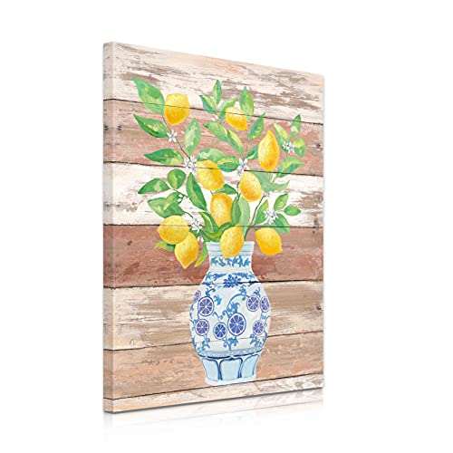 Lemon Wall Art Painting Farmhouse Decor Yellow Fruit White Flower And Green Leaves Branches In Blue And White Porcelain Floral Vase Picture Print For Home Decorative Poster 10X15 Inch #TOP1