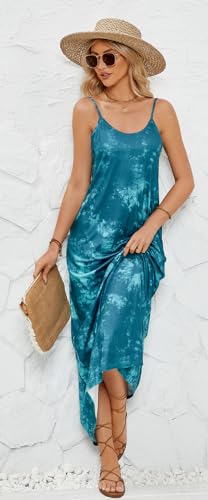 Image of Supnier Women's Summer Maxi Dress Casual V-Neck Sleeveless Bohemian Spaghetti Strap Floral Long Maxi Dress with Pockets