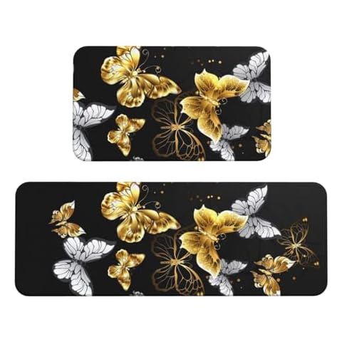 Gold White Butterflies Kitchen Mat Set by QHWLR Cover