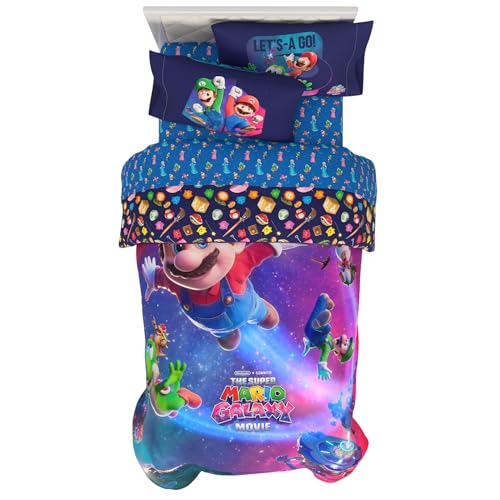 The Super Mario Galaxy Movie Bedding Set Twin Size 4 Piece Kids Super Soft Cozy Reversible Comforter and Sheet Set (Officially Licensed Product) By Franco
