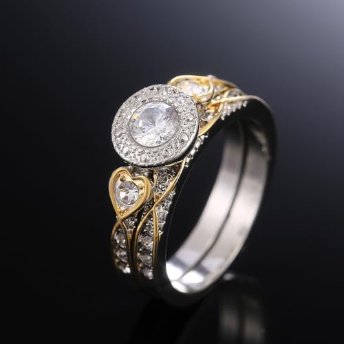 Vintage Two-Tone Statement Rings Set for Women, Classic Pear Round Cut Moissanite Wedding Bands 925 Sterling Silver Plated Travel CZ Engagement Bridal Promise Rings Sets for Her Size 9#4