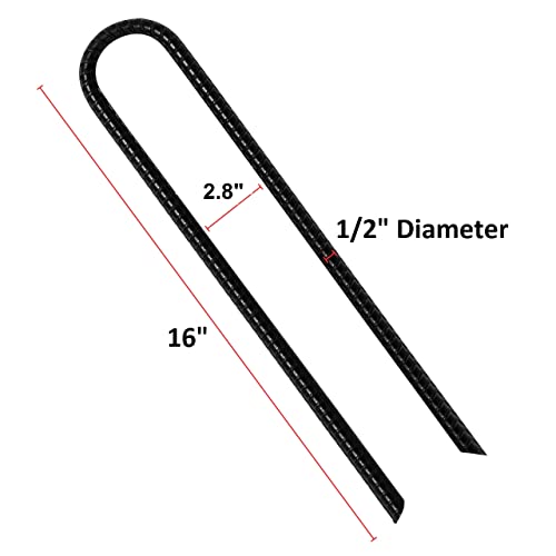 VASGOR 16” Extra Heavy Duty Trampoline Anchor Rebar Stakes U Shape, 1/2" Diameter Black Powder Coated Rebar Steel - Set of 8 Ground Anchors for Camping Tent - Garden Staples – Sharp End - Thumbnail 3