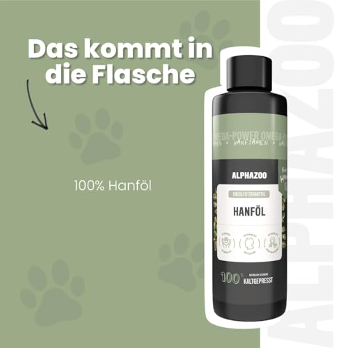 alphazoo Hanföl für Hunde 100 ml – Premium Hanfsamenöl kaltgepresst – Unterstützt Immunsystem & Abwehrkräfte – Reich an Omega 3-6-9 für Haut, Fell, Gelenke & Vitalität