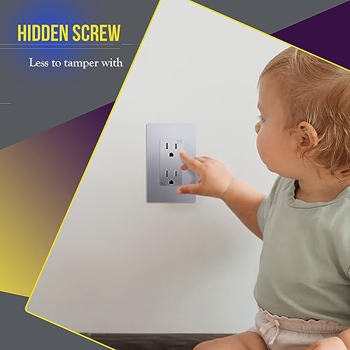 Image of ENERLITES Elite Series Screwless Decorator Wall Plate Child Safe Outlet Cover, Size 1-Gang 4.68 inch H x 2.93 inch L, Unbreakable Polycarbonate Thermoplastic, SI8831-SV, Glossy, Silver
