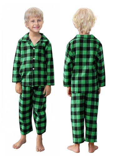 Schbbbta Kids Plaid Pajamas Set, Girls Boys 2 Pcs Pajamas Set Long Sleeve Sleepwear Button Down Pjs Black Green3
