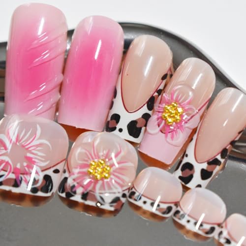 Image of 48 Pcs Flower Press on Nails & Press on Toenails Set Leopard Print French Tip Fake Nails Flower Glue on Toenails Glossy Artificial Acrylic Full Cover Square Stick on Nails for Women Manicure