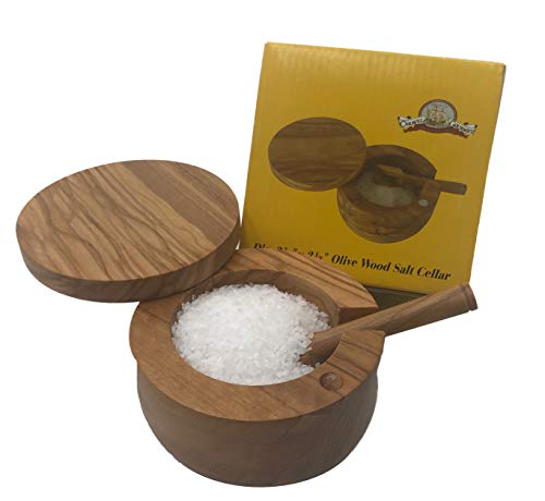 Olive Wood Salt Cellar with Spoon - Authentic Hand Carved with Magnetic Closure - Perfect for Kitchen or Bath