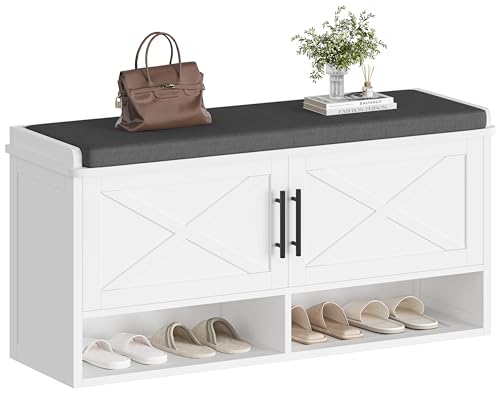 Zeibospri Farmhouse Shoe Storage Bench with Cushion, Entryway Bench with Adjustable Shelves and Open Bottom Shelf, Hidden Shoe Cabinet Storage for Entryway, Hallway, Living Room, Bedroom, White